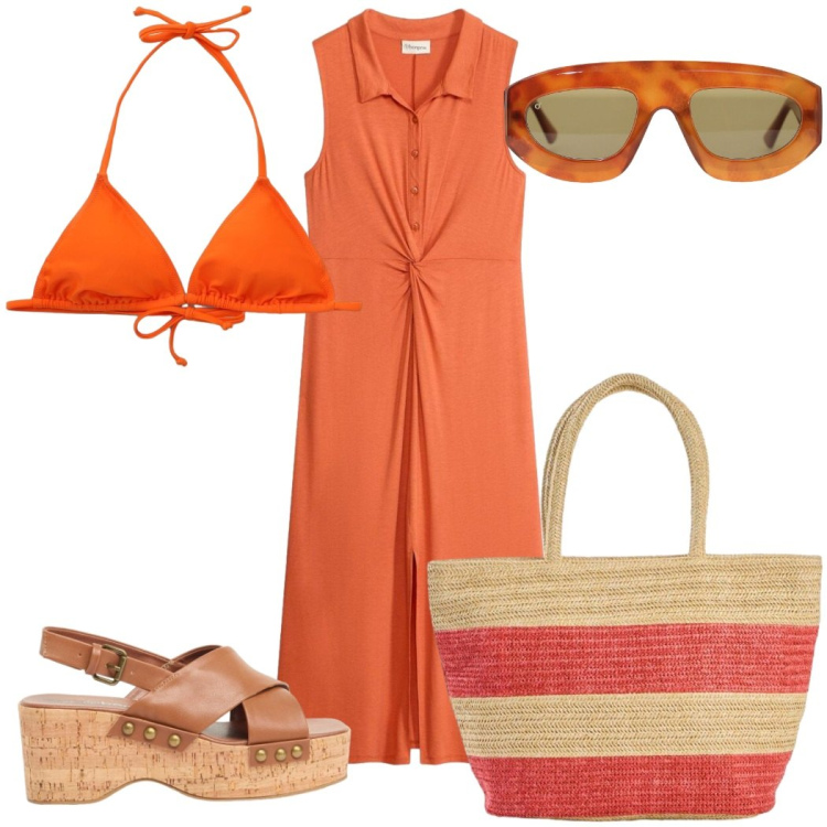 Outfit donna - Naturale in vacanza - vivace!. Stile Trendy per Mare. Abbinamento con shopping bag, vestiti chemisier, zeppe, occhiali da sole, bikini.