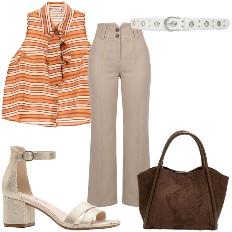 Outfit donna - Agosto per chi lavora -70s. Stile 70s per Ufficio. Abbinamento con sandali col tacco, cinture, pantaloni, top, borse a spalla.