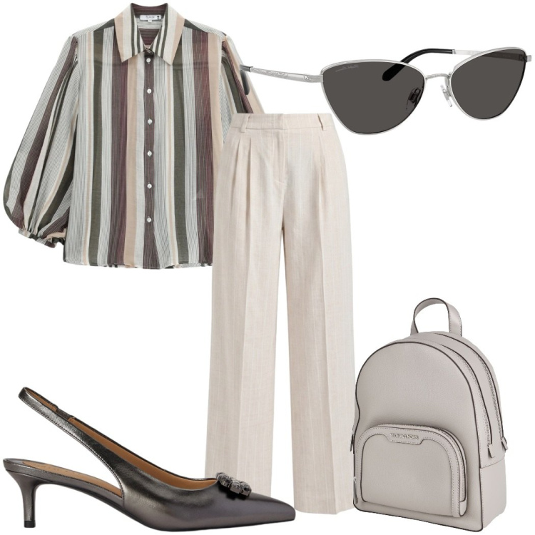 Outfit donna - Agosto per chi lavora - in ufficio. Stile 70s per Ufficio. Abbinamento con zaini, pantaloni, camicie, occhiali da sole, décolleté.
