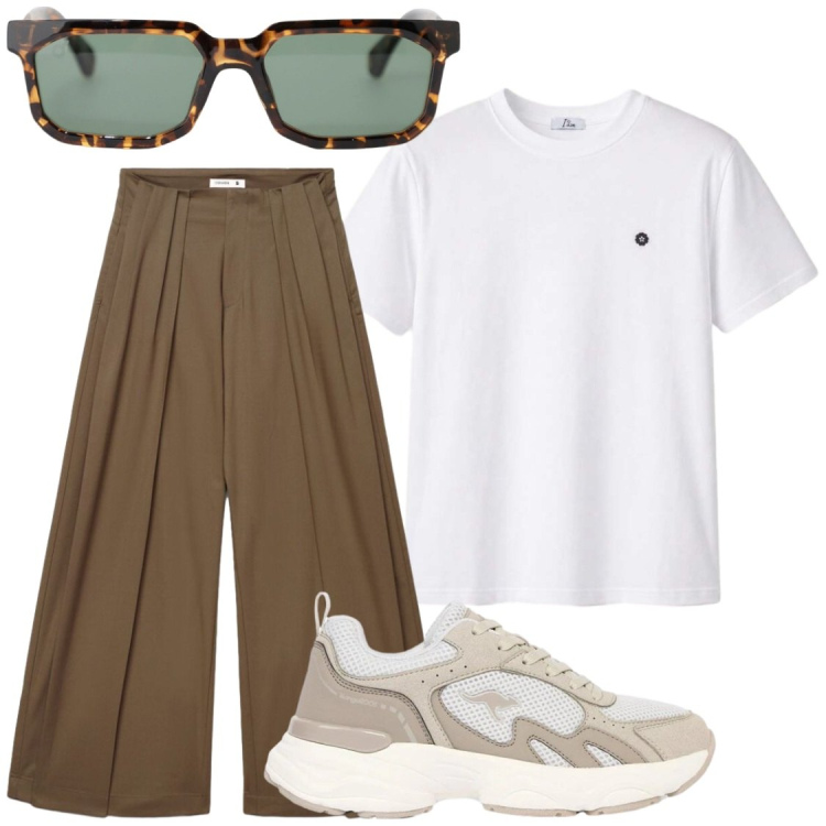Outfit donna - Di corsa. Stile Chic per Tutti i giorni. Abbinamento con sneakers, occhiali da sole, pantaloni a palazzo, t-shirt.