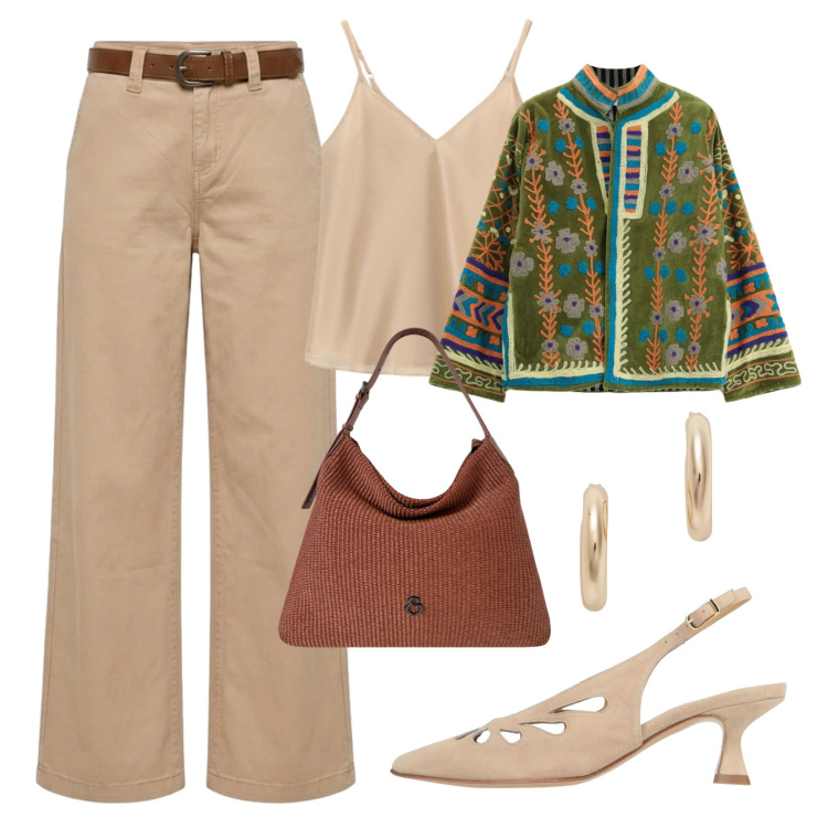 Outfit donna - Rigore e fantasia. Stile Etnico per Ufficio. Abbinamento con décolleté, top, blazer, borse a spalla, pantaloni, orecchini.