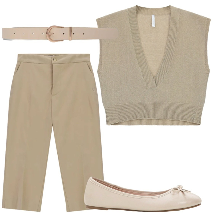Outfit donna - Settembre: fa ancora caldo. Stile Chic per Tutti i giorni. Abbinamento con ballerine, cinture, top, bermuda.