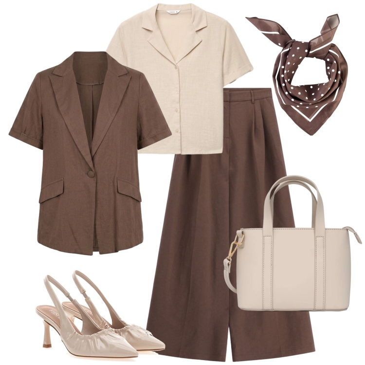 Outfit donna - L’ordine perfetto H24. Stile Glamour per Tutti i giorni. Abbinamento con foulard, pantaloni a palazzo, camicie a manica corta, borse a tracolla, blazer, décolleté.