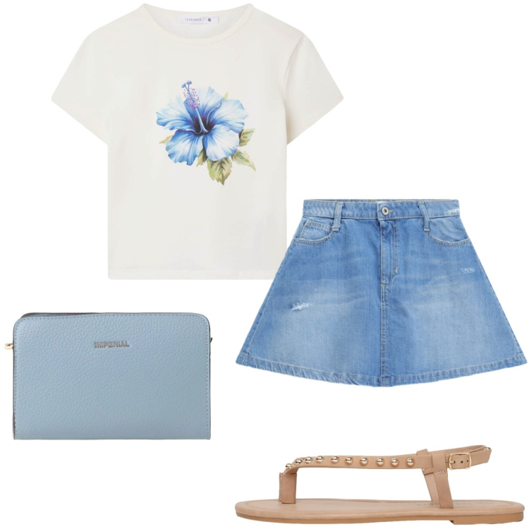 Outfit donna - Total look #2459590. Stile Casual chic per Tutti i giorni. Abbinamento con borse a tracolla, t-shirt, ciabatte, minigonne.