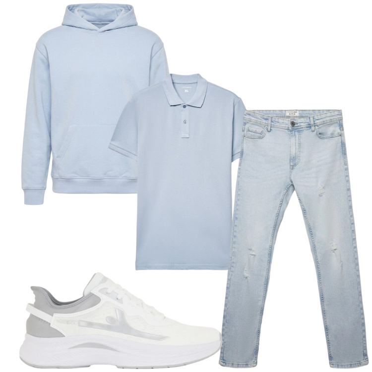 Outfit uomo - Total look #2459593. Stile Casual per Tutti i giorni. Abbinamento con felpe con cappuccio, jeans strappati, polo, sneakers.