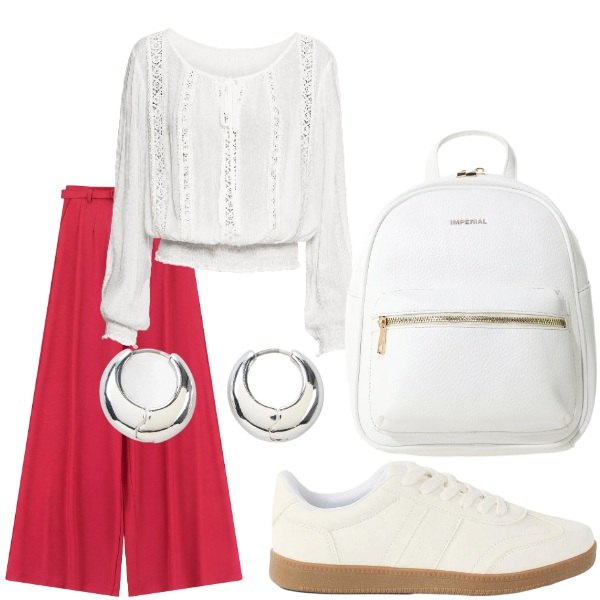 Outfit donna - Pensando a settembre. Stile Casual chic per Tutti i giorni. Abbinamento con bluse, orecchini, sneakers, pantaloni a palazzo, zaini.