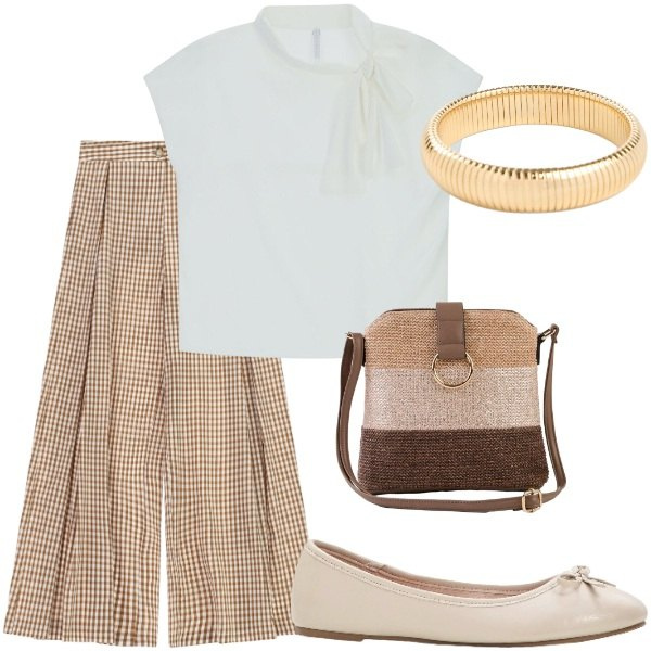 Outfit donna - Pensando a settembre. Stile Casual per Tutti i giorni. Abbinamento con ballerine, borse a tracolla, braccialetti, canottiere, pantaloni a palazzo.