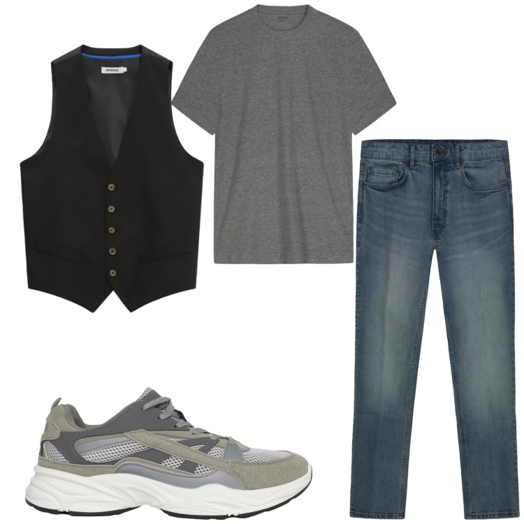 Outfit uomo - Total look #2459599. Stile Casual per Tutti i giorni. Abbinamento con gilet, sneakers, t-shirt, jeans.