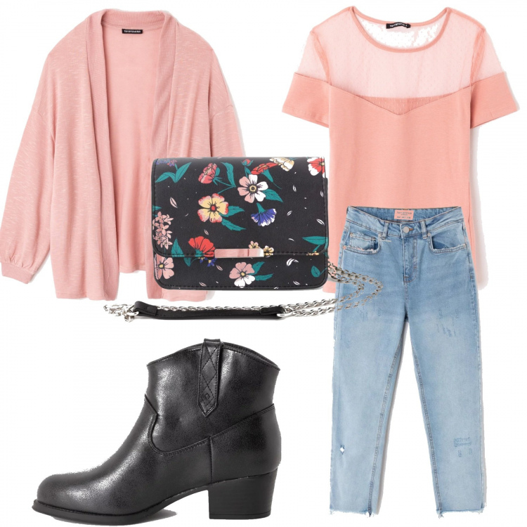 Outfit donna - New shop Terranova. Stile Trendy per Tutti i giorni. Abbinamento con t-shirt girocollo a maniche corte in tulle rosa, cardigan collo aperto tinta unita rosa, jeans straight in denim blu, stivaletti in ecopelle nero, borsa a tracolla fantasia in ecopelle nero.
