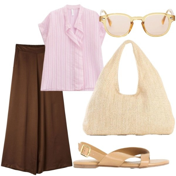 Outfit donna - Pensando a settembre. Stile Casual chic per Tutti i giorni. Abbinamento con sandali, shopping bag, pantaloni, occhiali da sole, bluse.