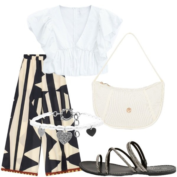 Outfit donna - Estate. Stile Casual per Tutti i giorni. Abbinamento con sandali, top, pantaloni a palazzo, braccialetti, borse a mano.