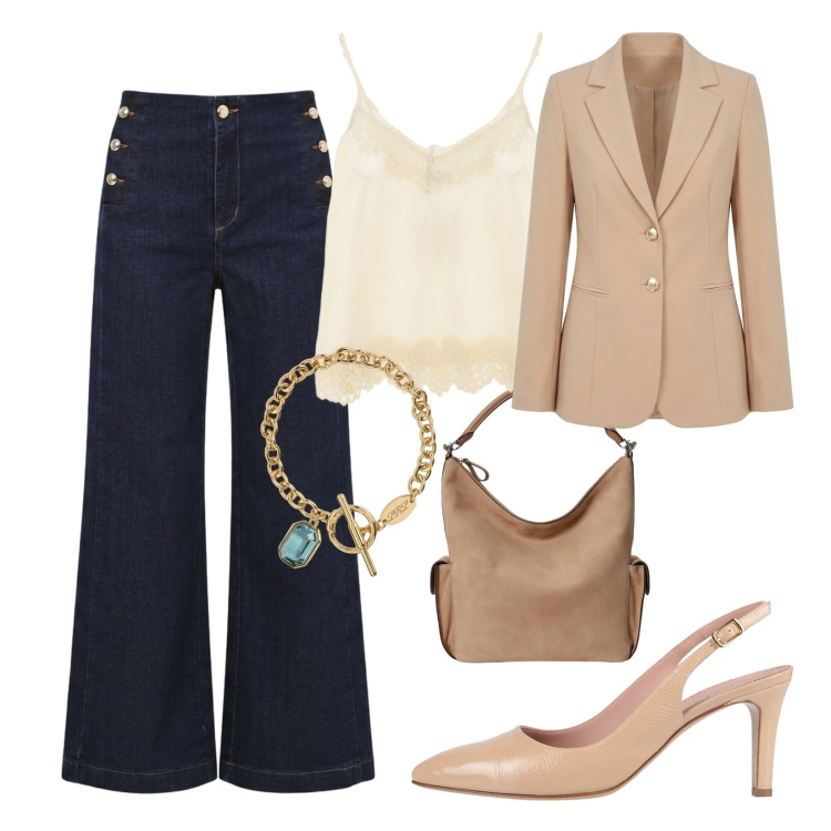 Outfit donna - Armoniosa. Stile Chic per Serata fuori. Abbinamento con décolleté, top, jeans, blazer, braccialetti, borse a spalla.