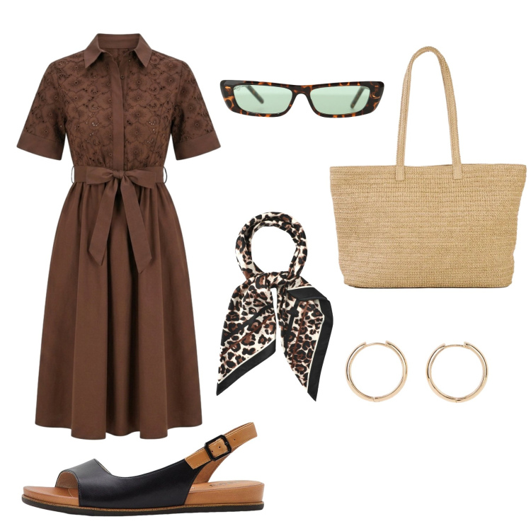 Outfit donna - Total brown in città. Stile Casual chic per Ufficio. Abbinamento con shopping bag, sandali, orecchini, occhiali da sole, foulard, vestiti chemisier.