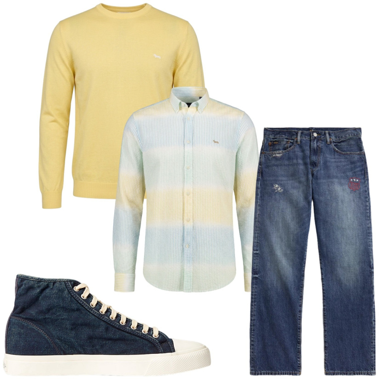 Outfit uomo - Total look #2459611. Stile Trendy per Tutti i giorni. Abbinamento con pullovers, camicie, sneakers, jeans dritti.