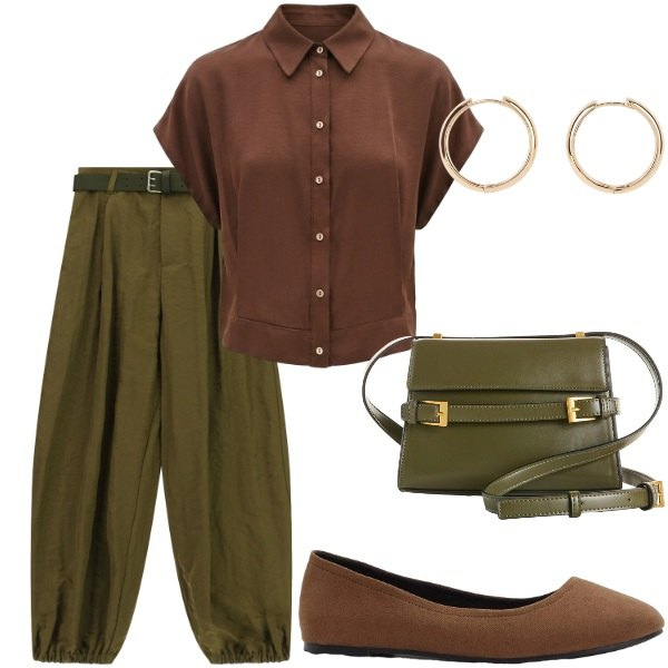 Outfit donna - Pensando a settembre. Stile Casual chic per Tutti i giorni. Abbinamento con ballerine, borse a tracolla, orecchini, pantaloni, camicie.