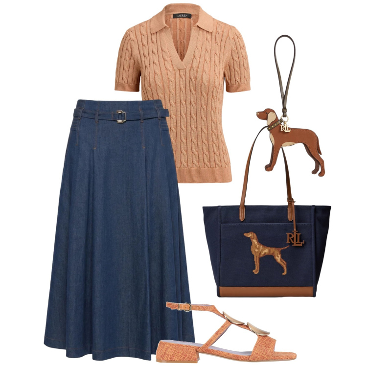 Outfit donna - Abbinamenti studiati in città. Stile Casual chic per Tutti i giorni. Abbinamento con sandali in pelle, gonne longuette, polo, ciondoli, borse tote.