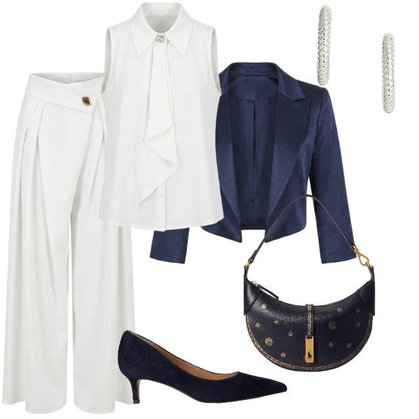 Outfit donna - Matrimonio in vista. Stile Chic per Cerimonia. Abbinamento con pantaloni a palazzo, top, bolero, borse a spalla, orecchini, décolleté.