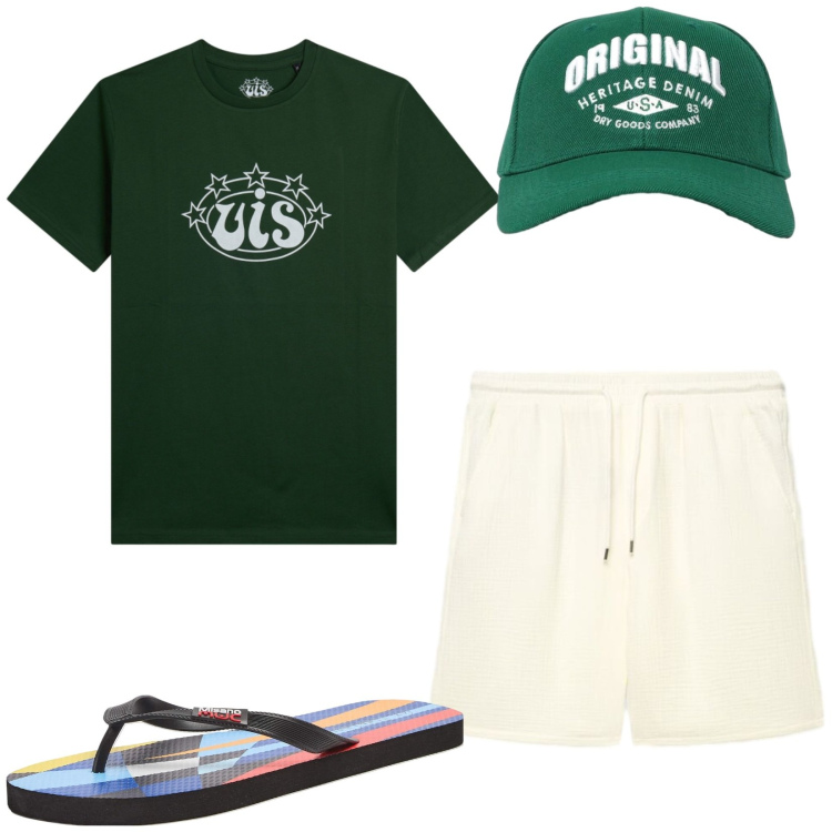 Outfit uomo - Total look #2459625. Stile Casual per Mare. Abbinamento con sandali, cappelli con visiera, pantaloni corti, t-shirt.