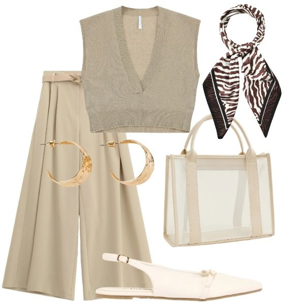 Outfit donna - Serata tra amici. Stile Casual chic per Serata fuori. Abbinamento con ballerine, orecchini, top, pantaloni a palazzo, borse tote, foulard.