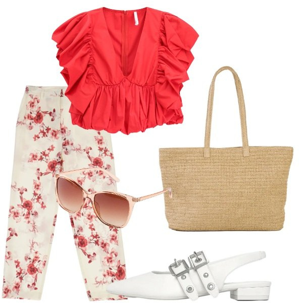 Outfit donna - Estate. Stile Casual chic per Tutti i giorni. Abbinamento con shopping bag, occhiali da sole, top, pantaloni, ballerine.