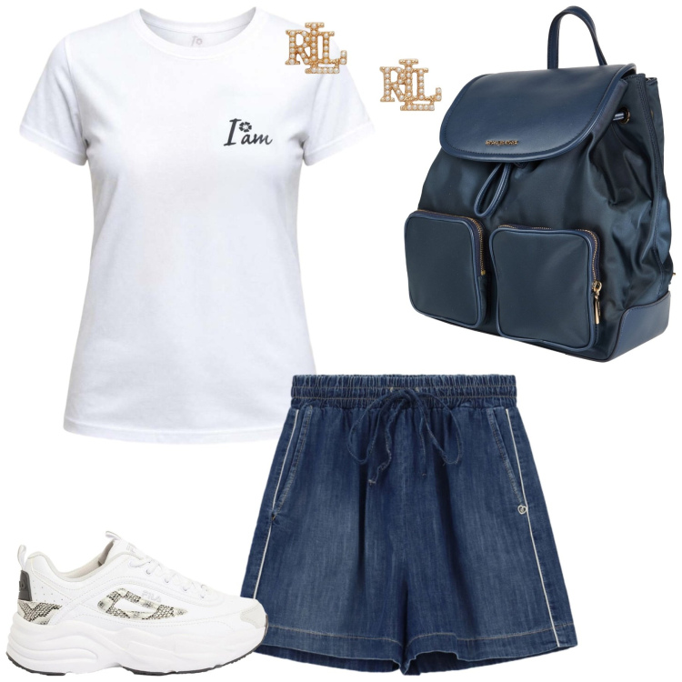 Outfit donna - Sportiva. Stile Sporty chic per Sport. Abbinamento con zaini, sneakers, t-shirt, shorts, orecchini.
