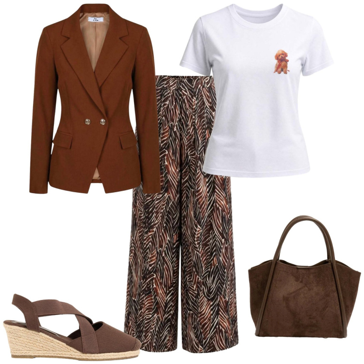 Outfit donna - Casual chic ufficio tempo libero. Stile Casual chic per Tutti i giorni. Abbinamento con zeppe, pantaloni a palazzo, blazer, t-shirt, borse a spalla.