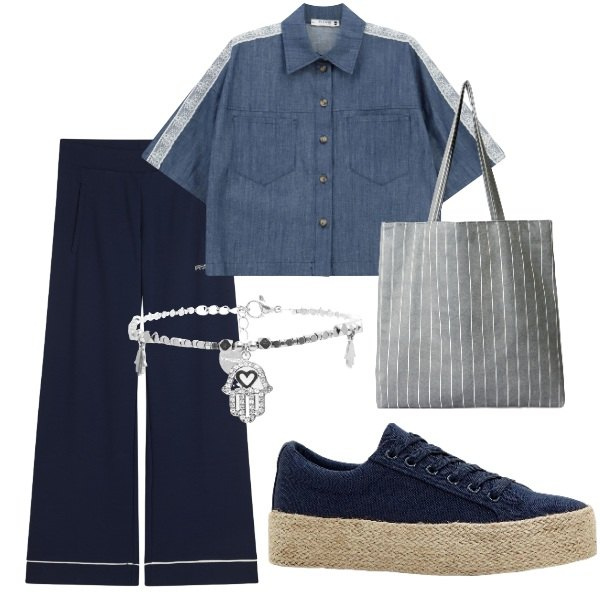 Outfit donna - Passeggiando per la città. Stile Casual per Tutti i giorni. Abbinamento con sneakers, shopping bag, pantaloni, braccialetti, camicie a manica corta.