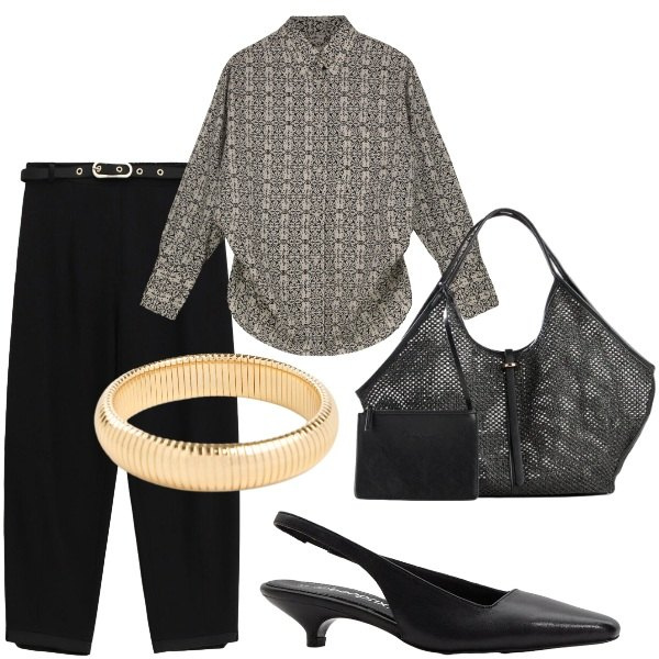 Outfit donna - Pensando a settembre. Stile Casual chic per Serata fuori. Abbinamento con shopping bag, décolleté, braccialetti, camicie, pantaloni.