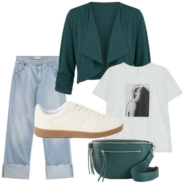 Outfit donna - Bolero petrolio. Stile Glamour per Tutti i giorni. Abbinamento con marsupi, sneakers, t-shirt, jeans dritti, blazer.