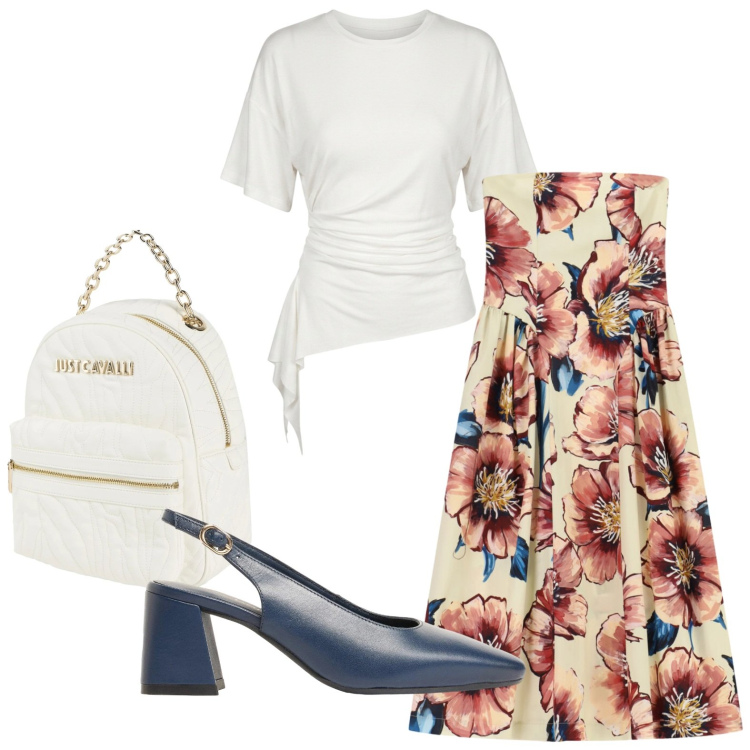 Outfit donna - Abito e t-shirt. Stile Casual chic per Serata fuori. Abbinamento con zaini, décolleté, vestiti midi/longuette, maglieria.