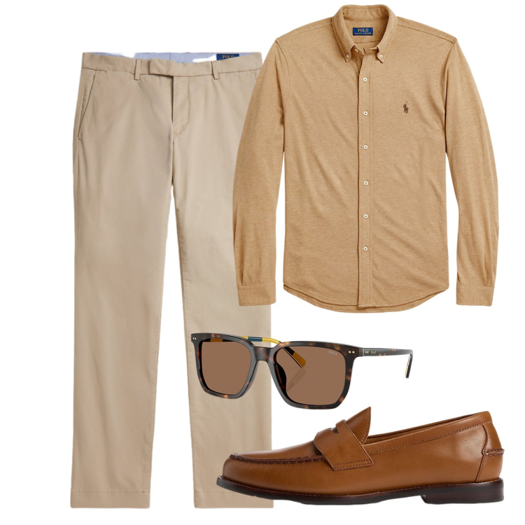 Outfit uomo - City. Stile Casual per Tutti i giorni. Abbinamento con camicie, scarpe stringate, occhiali da sole, pantaloni chino.