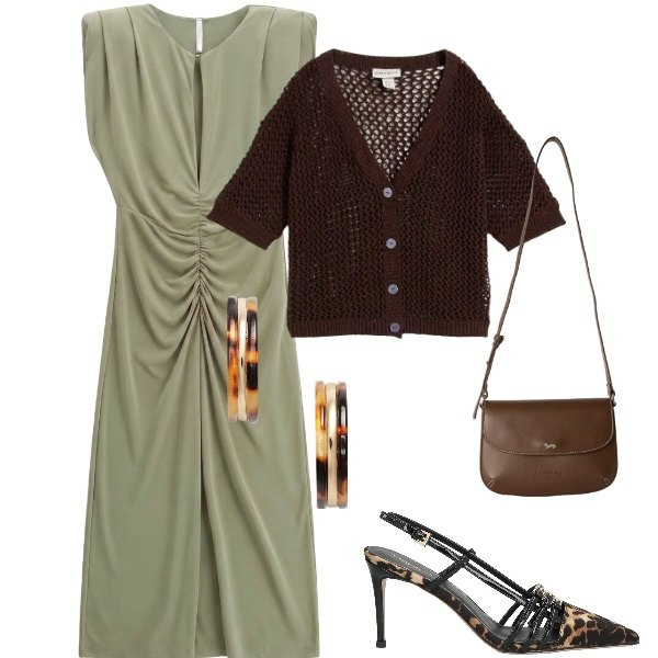 Outfit donna - Serata tra amici. Stile Casual chic per Serata fuori. Abbinamento con décolleté, cardigans, borse a tracolla, vestiti midi/longuette, orecchini.