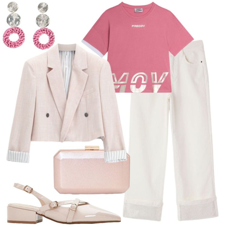Outfit donna - Casual. Stile Casual per Tutti i giorni. Abbinamento con décolleté, orecchini, jeans, blazer, t-shirt, clutch.