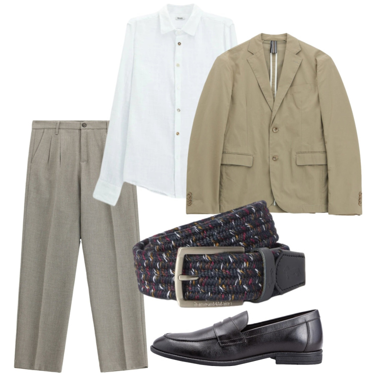 Outfit uomo - Agosto. Stile Casual per Ufficio. Abbinamento con cinture, camicie, pantaloni, giacche, scarpe stringate.