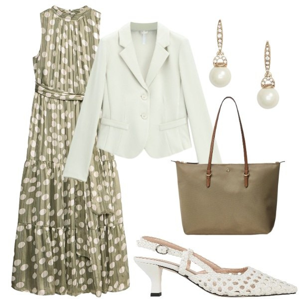 Outfit donna - Invito a cena. Stile Chic per Serata fuori. Abbinamento con décolleté, vestiti, blazer, borse tote, orecchini.