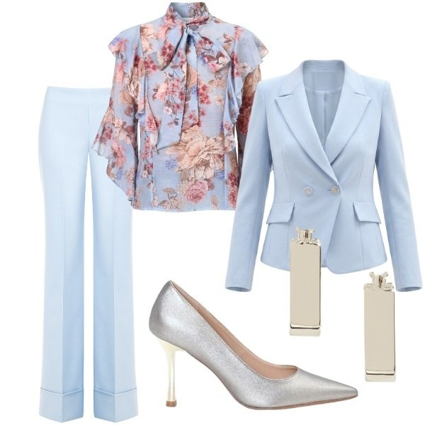 Outfit donna - Matrimonio a settembre. Stile Glamour per Cerimonia. Abbinamento con orecchini, pantaloni a palazzo, blazer, bluse, décolleté.