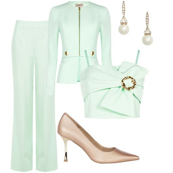 Outfit donna - Matrimonio in vista. Stile Chic per Cerimonia. Abbinamento con orecchini, top, pantaloni a palazzo, blazer, décolleté.