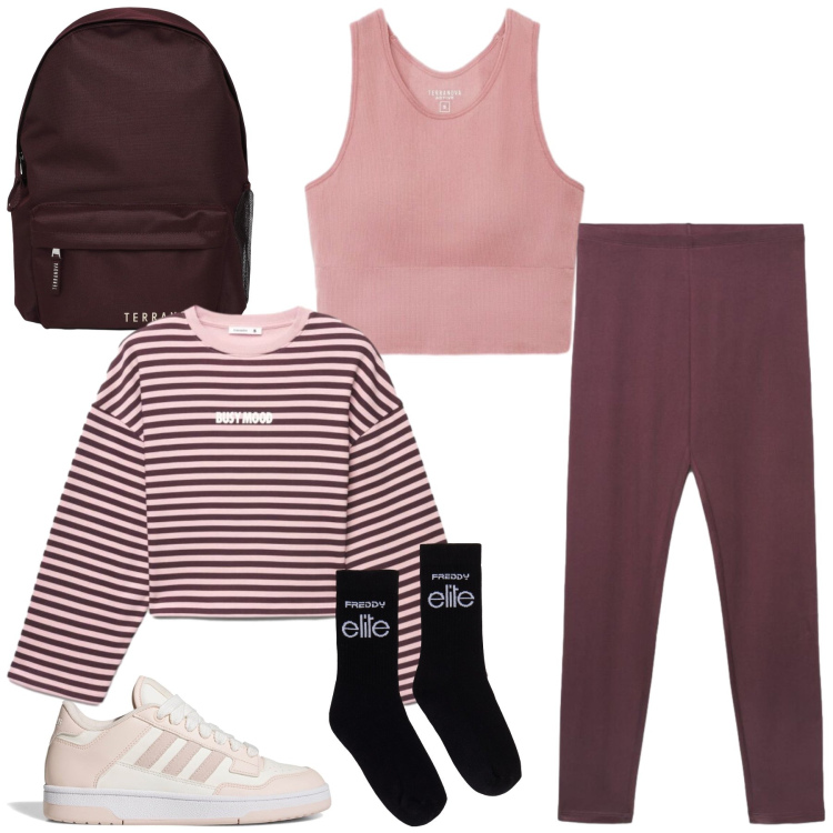Outfit donna - Total look #2459665. Stile Sporty chic per Sport. Abbinamento con leggings, felpe, zaini, top sportivi, calzini, sneakers.