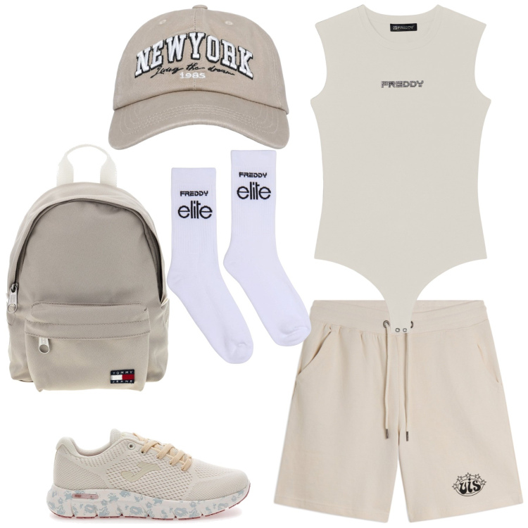Outfit donna - Total look #2459668. Stile Sporty chic per Sport. Abbinamento con cappelli con visiera, top, calzini, pantaloni corti, sneakers, zaini.