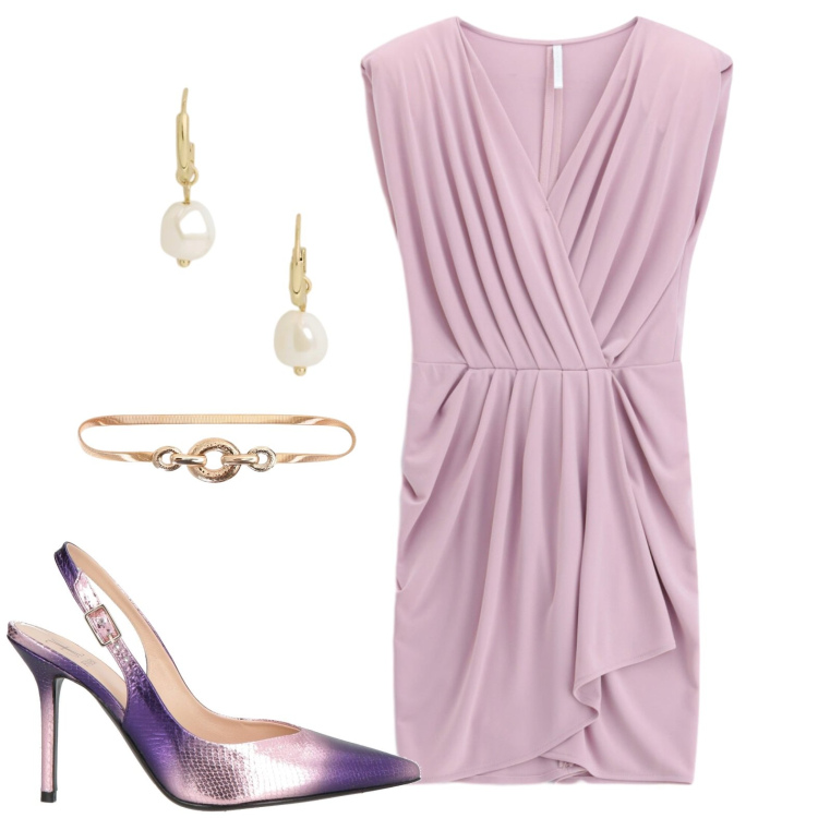 Outfit donna - Elegantemente semplice. Stile Chic per Serata fuori. Abbinamento con décolleté, vestiti asimmetrici, cinture, orecchini.