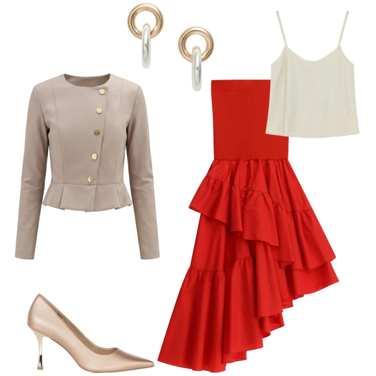 Outfit donna - Total look #2459674. Stile Glamour per Serata fuori. Abbinamento con gonne lunghe, top, blazer, décolleté, orecchini.