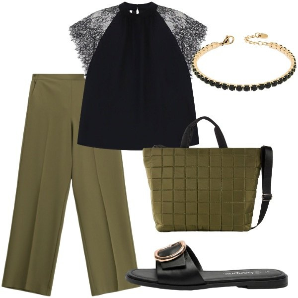 Outfit donna - Serata tra amici. Stile Casual chic per Serata fuori. Abbinamento con shopping bag, ciabatte, pantaloni a palazzo, top, braccialetti.