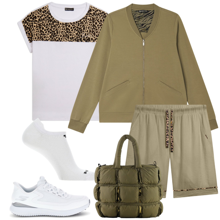 Outfit donna - Total look #2459681. Stile Sporty chic per Sport. Abbinamento con felpe, pantaloni corti, t-shirt, calzini, borse a mano, sneakers.