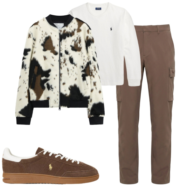Outfit uomo - City. Stile Trendy per Tutti i giorni. Abbinamento con pantaloni cargo, bomber, t-shirt, sneakers.