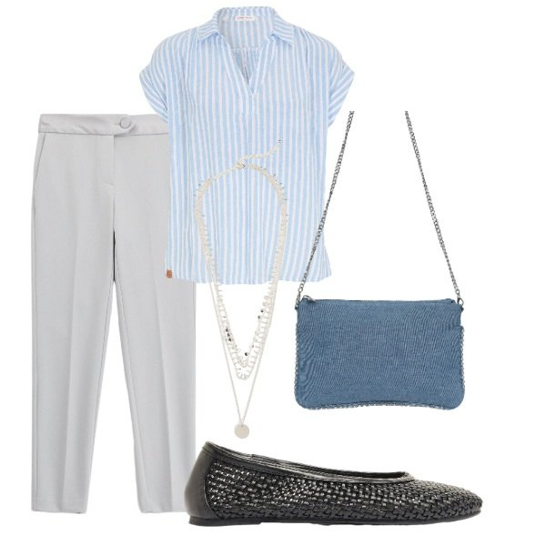 Outfit donna - Passeggiando per la città. Stile Casual chic per Tutti i giorni. Abbinamento con ballerine, bluse, collane, pantaloni, borse a tracolla.