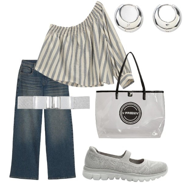 Outfit donna - Pensando a settembre. Stile Casual chic per Tutti i giorni. Abbinamento con ballerine, orecchini, jeans, bluse, cinture, shopping bag.