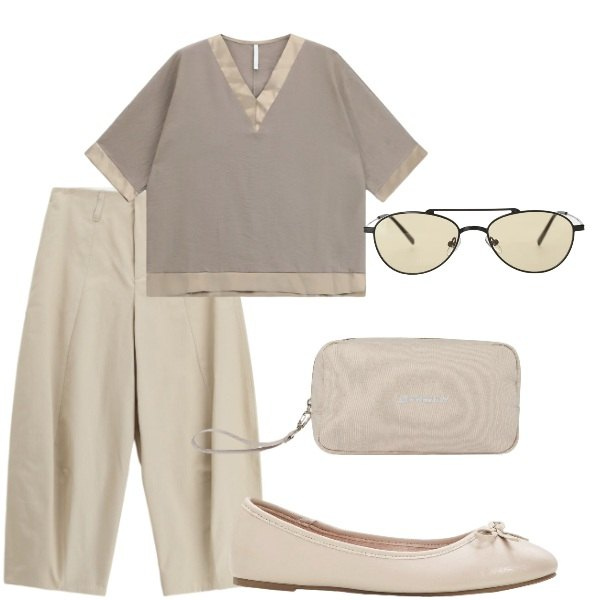 Outfit donna - Passeggiando per la città. Stile Casual chic per Tutti i giorni. Abbinamento con ballerine, bluse, occhiali da sole, pantaloni, valigie.
