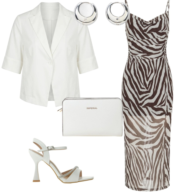 Outfit donna - Chic serata fine estate. Stile Chic per Serata fuori. Abbinamento con orecchini, vestiti lunghi, borse a tracolla, sandali gioiello, blazer.