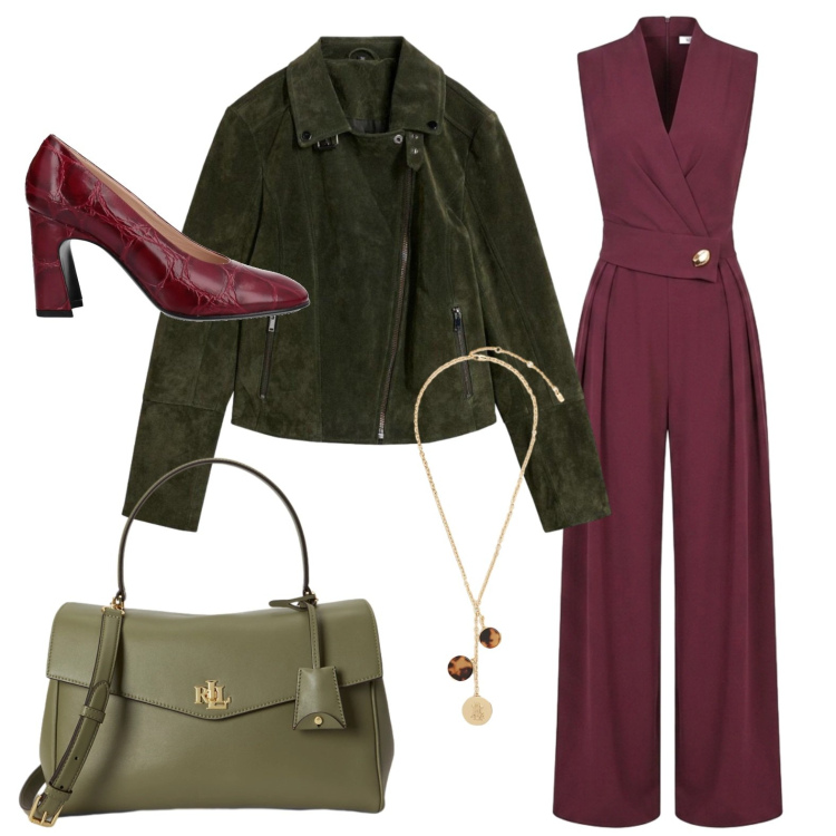 Outfit donna - Sofisticata in verde e bordeaux. Stile Glamour per Tutti i giorni. Abbinamento con décolleté, giacche, tute, borse a mano, collane.