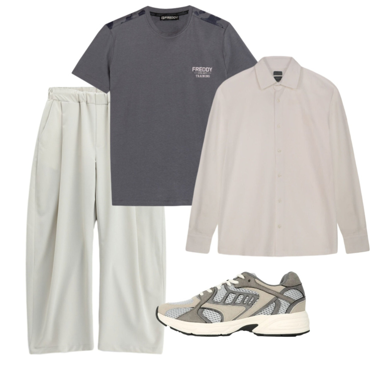 Outfit uomo - Trendy grey. Stile Trendy per Tutti i giorni. Abbinamento con pantaloni a palazzo, sneakers, polo, t-shirt.